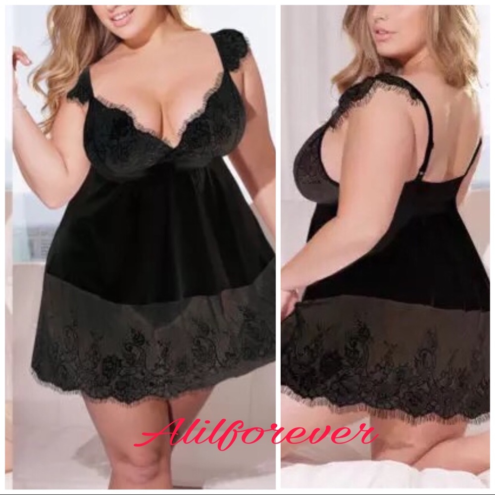 🥰 Black Satin Lace Lingerie Nightgown - Picture 1 of 3
